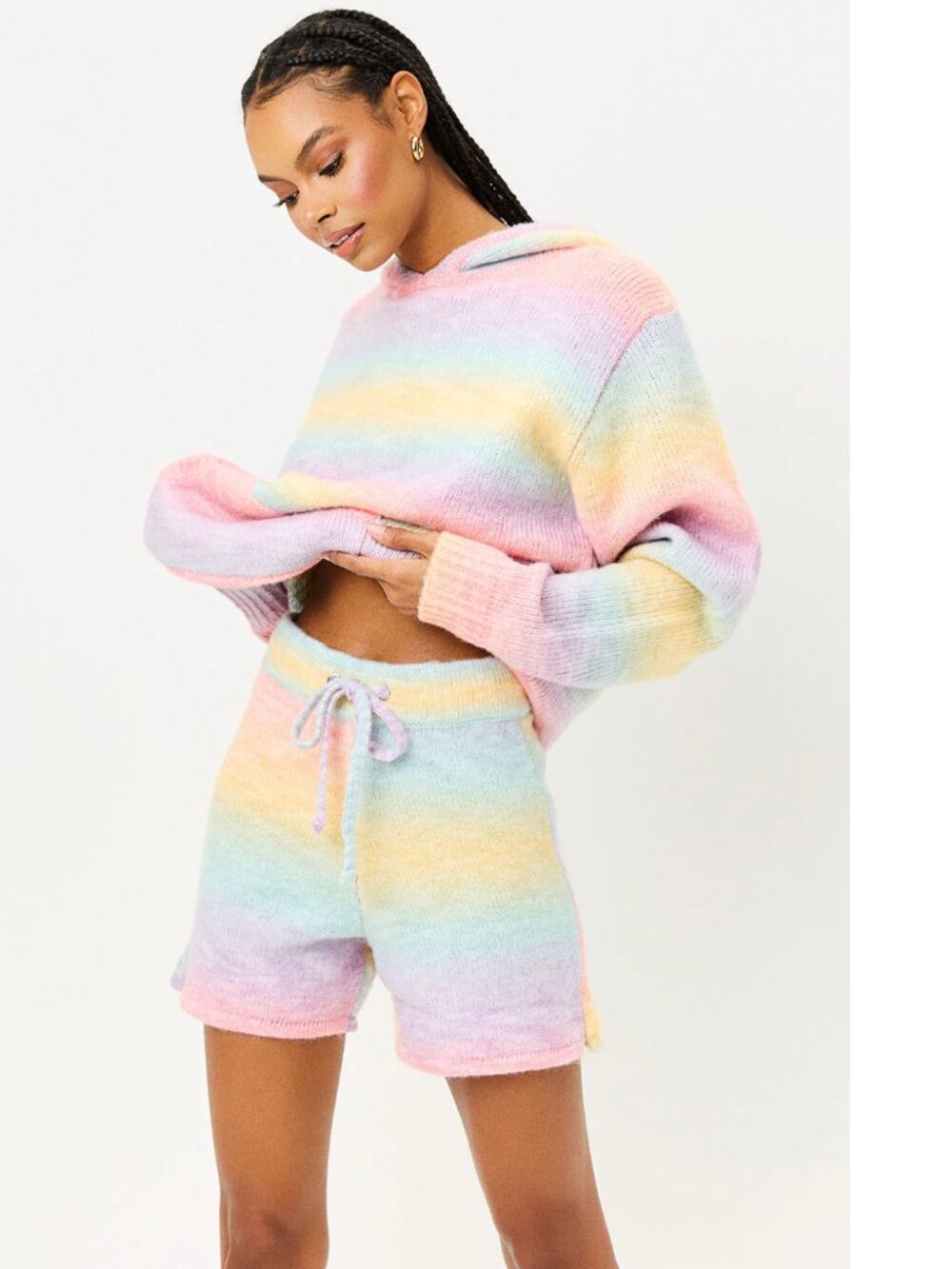 Frankie's Bikinis Pastel Rainbow High-Waist Knit Shorts - Pink, Yellow, Blue
